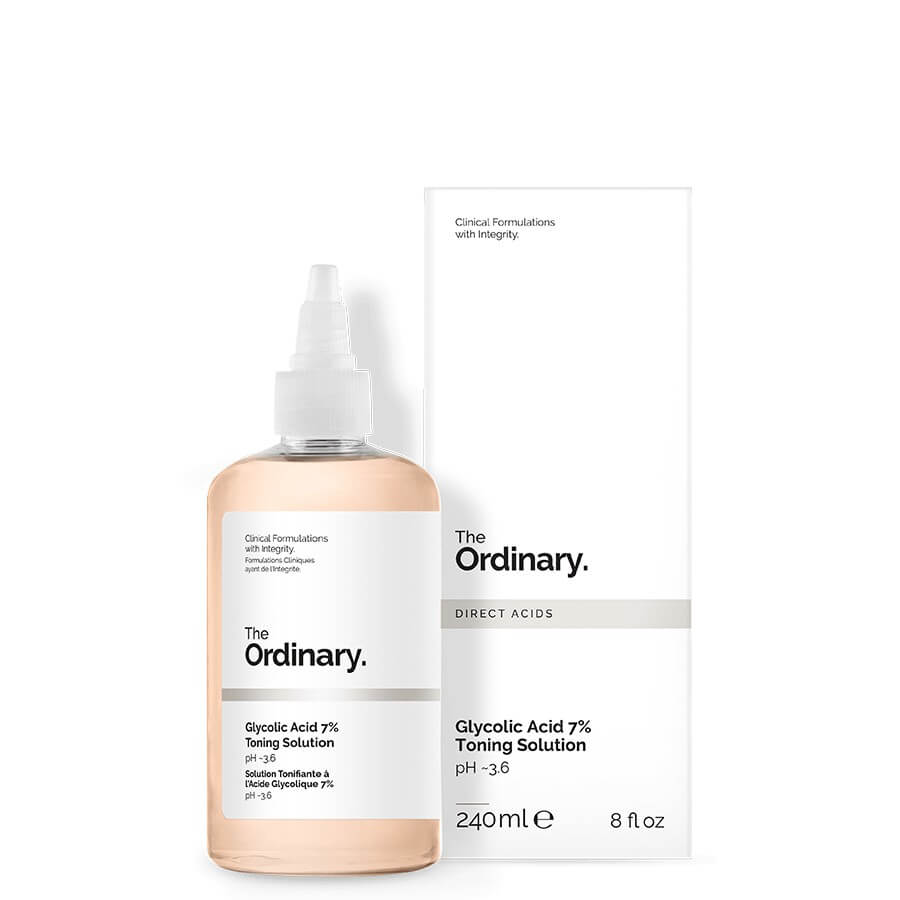 The Ordinary Glycolic Acid 7% Toning Solution 240ml โทนเนอร์เช็ดผิวประกอบด้วย Glycolic Acid เป็นกรดอัลฟ่าไฮดรอกซิลที่ช่วยผลัดเซลล์ผิวถึง 7% ผสานอนุพันธ์ของพริกไทยเปอร์เซียเพื่อช่วยลดการระคายเคือง